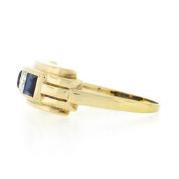 Retro Vintage 14K Gold Square Channel Blue Stone.06 ctw Diamond 3 Stone Band Rin