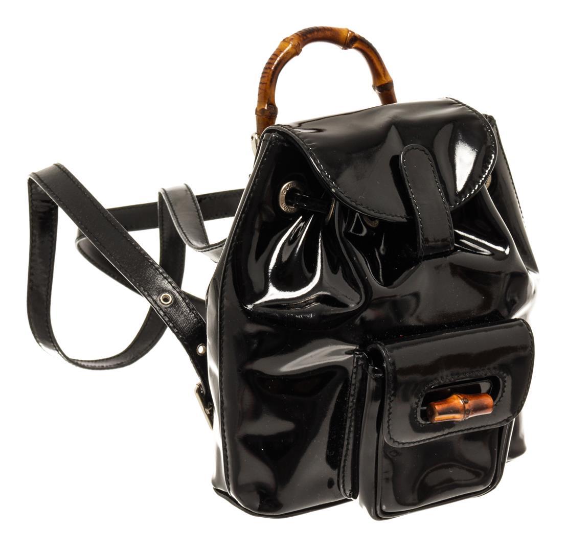 Gucci Black Patent Leather Bamboo Backpack