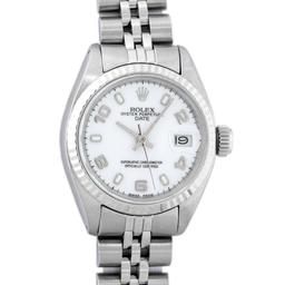 Rolex Ladies Stainless Steel White Dial White Gold Fluted Bezel Wristwatch