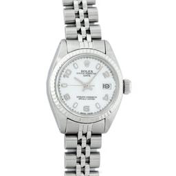 Rolex Ladies Stainless Steel White Dial White Gold Fluted Bezel Wristwatch