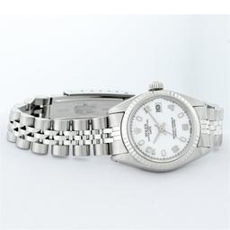 Rolex Ladies Stainless Steel White Dial White Gold Fluted Bezel Wristwatch