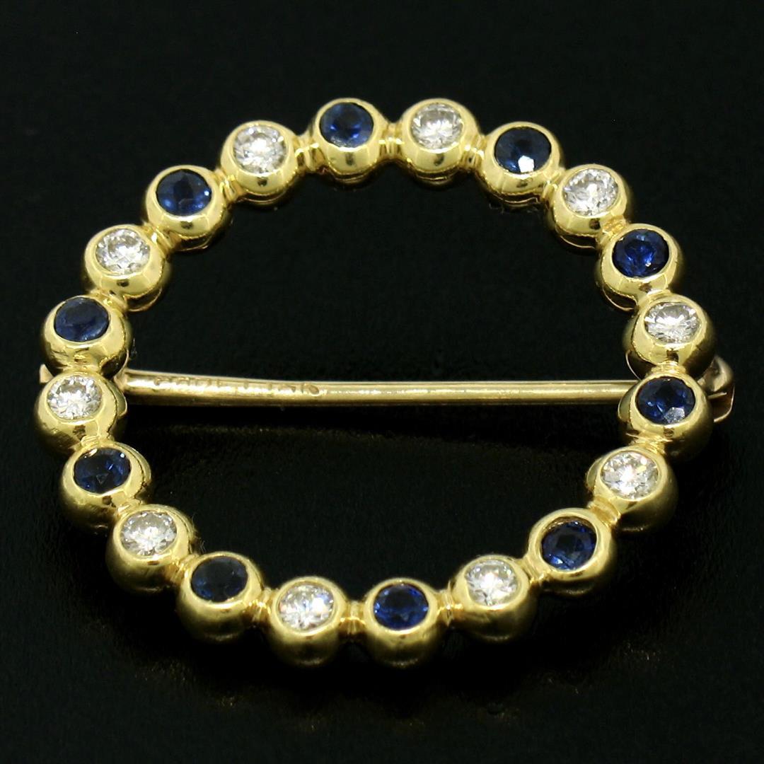 18k Yellow Gold.70 ctw Bezel Round Sapphire & Diamond Circle of Life Pin Brooch