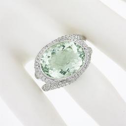 18K White Gold Oval Bezel Prasiolite Quartz & Pave Diamond Twisted Cocktail Ring