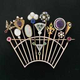 Antique Victorian Custom 14k Gold 11 Stick Pin Gemstone Pearl Tiara Crown Brooch