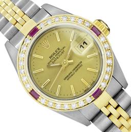 Rolex Quickset Ladies 2Tone 18K Gold Diamond Bezel Datejust Wristwatch With Role