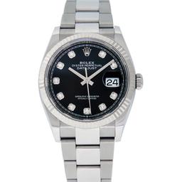 Rolex Mens Stainless Steel 36MM Black Diamond Dial Fluted Bezel Datejust Wristwa