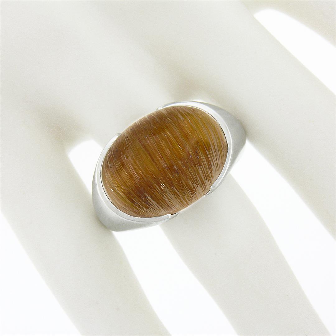 18K Gold Oval Half Bezel Rutilated Quartz Solitaire Brushed Finish Cocktail Ring