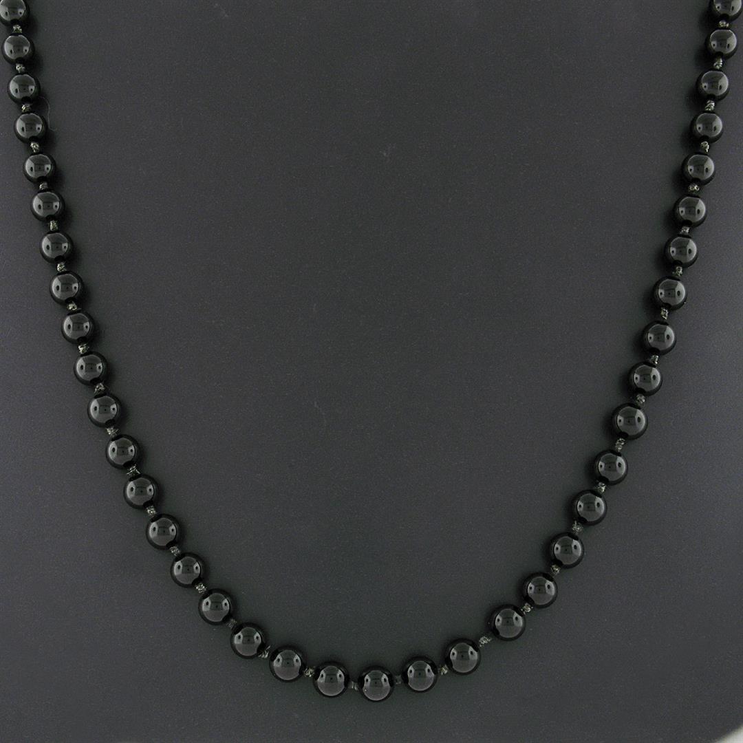 Vintage 18" Polished 8mm Black Onyx Bead Necklace w/ 14K Yellow Gold Clasp