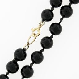 Vintage 18" Polished 8mm Black Onyx Bead Necklace w/ 14K Yellow Gold Clasp