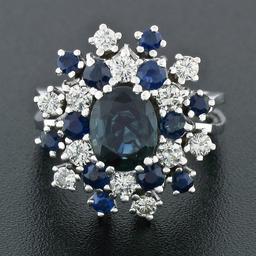 Vintage 18k White Gold 3.15 ctw Oval Sapphire Round Diamond Tiered Cluster Ring