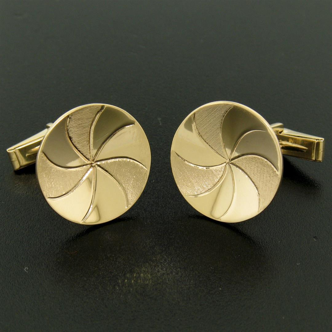 Men's 14k Yellow Gold Dual Finish 20mm Round Concave Swirl Design Cuff Links