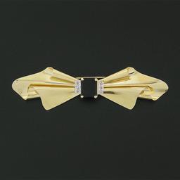 Vintage 14k Gold Black Onyx & Old Cut Diamond Long Freeform Ribbon Brooch Pin