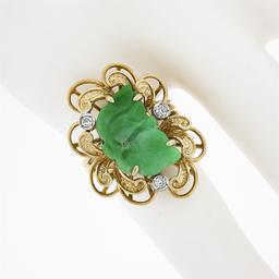 Vintage 14k Gold Carved Leaf Jade & Diamond Dual Finish Open Frame Cocktail Ring