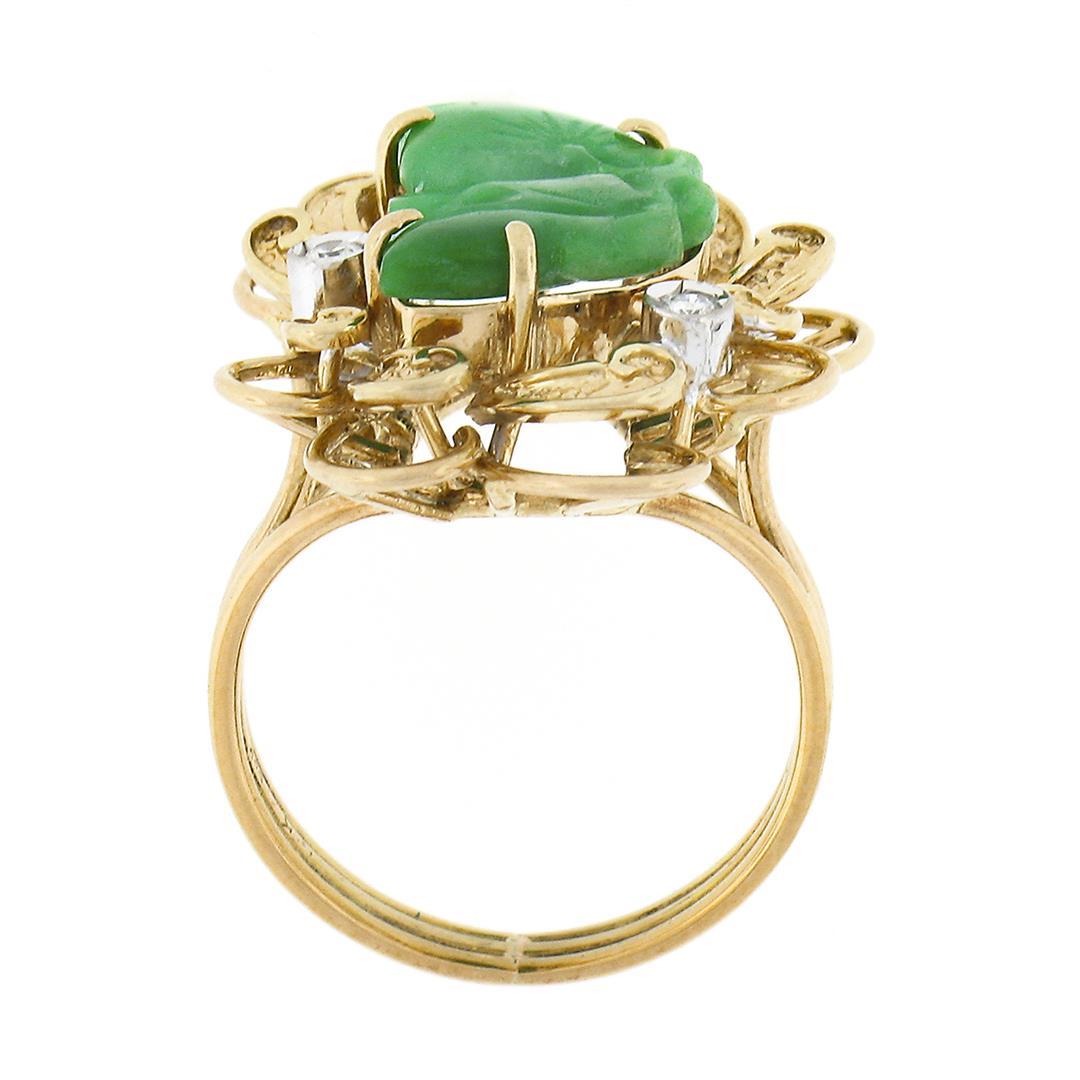 Vintage 14k Gold Carved Leaf Jade & Diamond Dual Finish Open Frame Cocktail Ring