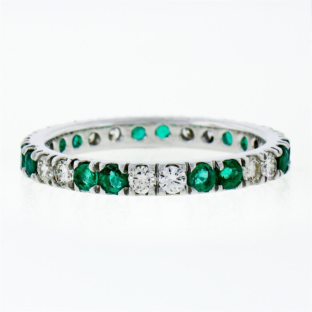 14K White Gold 1.40 ctw Round Shared Prong Diamond & Emerald Eternity Band Ring