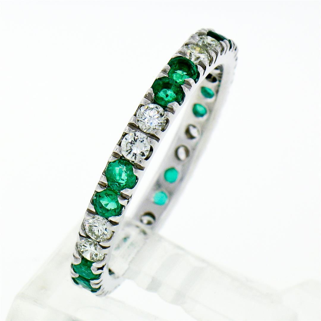 14K White Gold 1.40 ctw Round Shared Prong Diamond & Emerald Eternity Band Ring