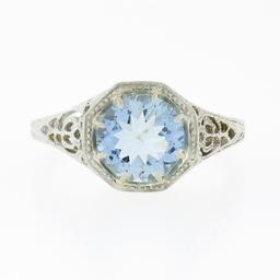 Vintage 14K White Gold 1.32 ctw Round Aquamarine Solitaire Open Filigree Work Ri