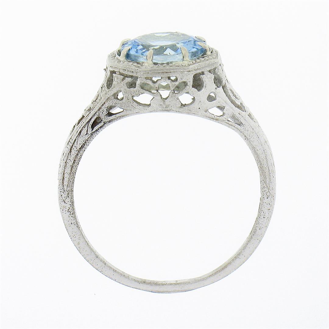 Vintage 14K White Gold 1.32 ctw Round Aquamarine Solitaire Open Filigree Work Ri