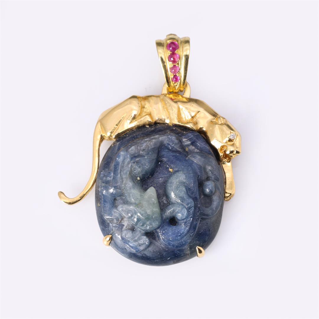 Antique Chinese Sapphire & Gold Pendant by Carlo Rici