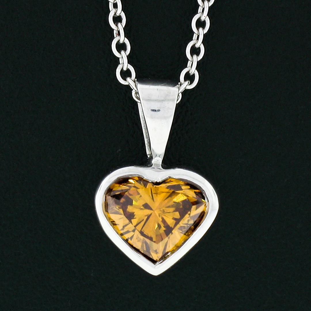 14k White Gold GIA 0.70 ctw Fancy Deep Brown Orange Heart Natural Diamond Pendan