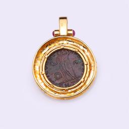 Heavy 18K Yellow Gold Pendant With Rubies & Imperial Roman Copper Coin