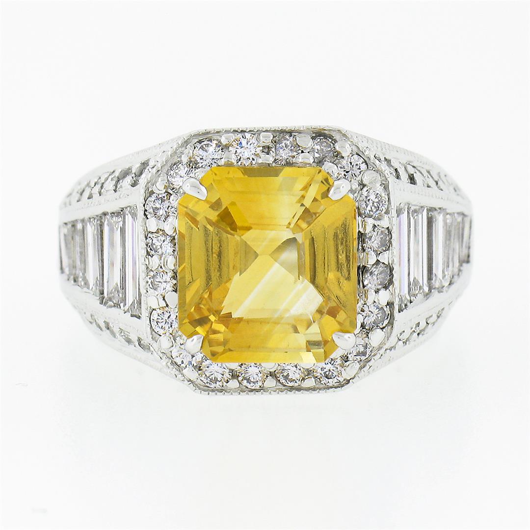 Vintage 18K White Gold 6.95 ctw GIA Orangy Yellow Sapphire & Diamond Cocktail Ri