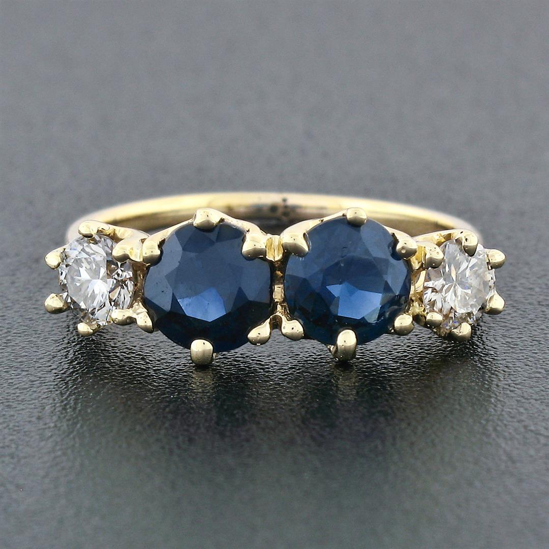 Vintage 14k Yellow Gold 2.16 ctw 6 Prong Round Blue Sapphire & Diamond Band Ring