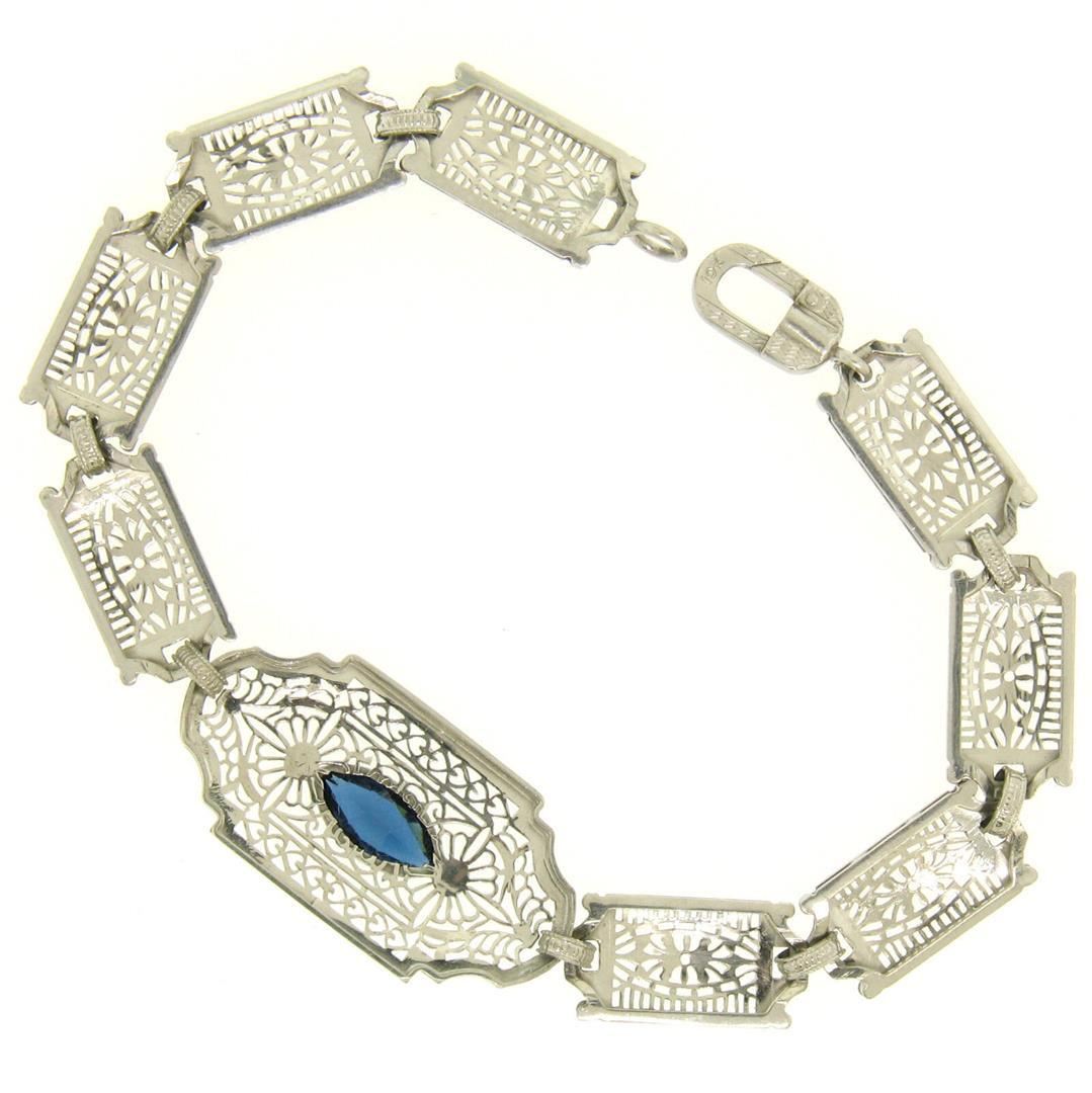 Antique Edwardian 10k White Gold Filigree Link Bracelet w/ Marquise Sim Sapphire