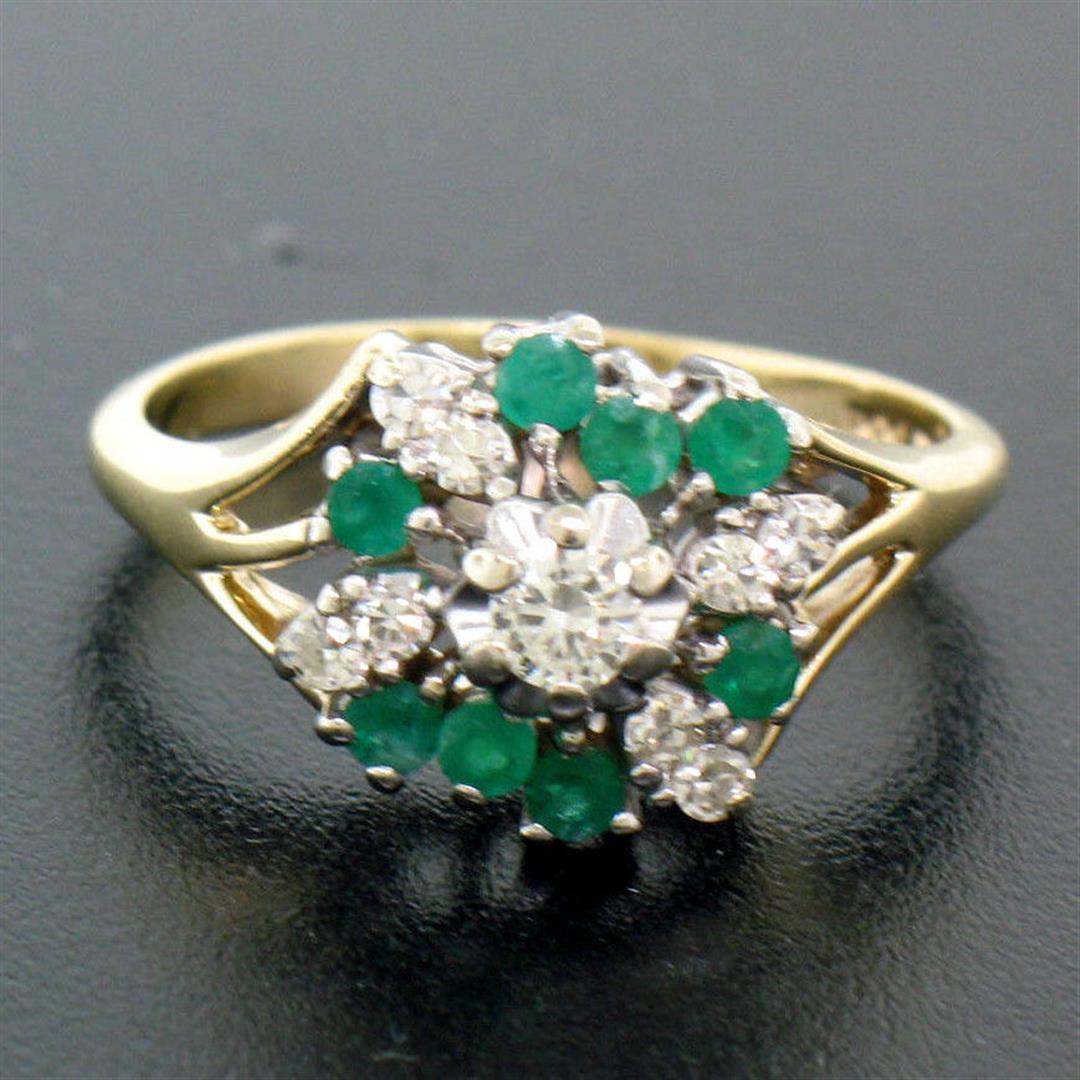 Petite 14k White & Yellow Gold 0.80 ctw Round Diamond Emerald Cluster Dinner Rin