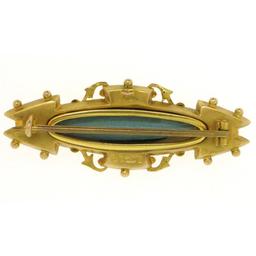 Antique Victorian 9k Yellow Gold Elongated Cartouche Brooch w/ 3 Old Cut Diamond