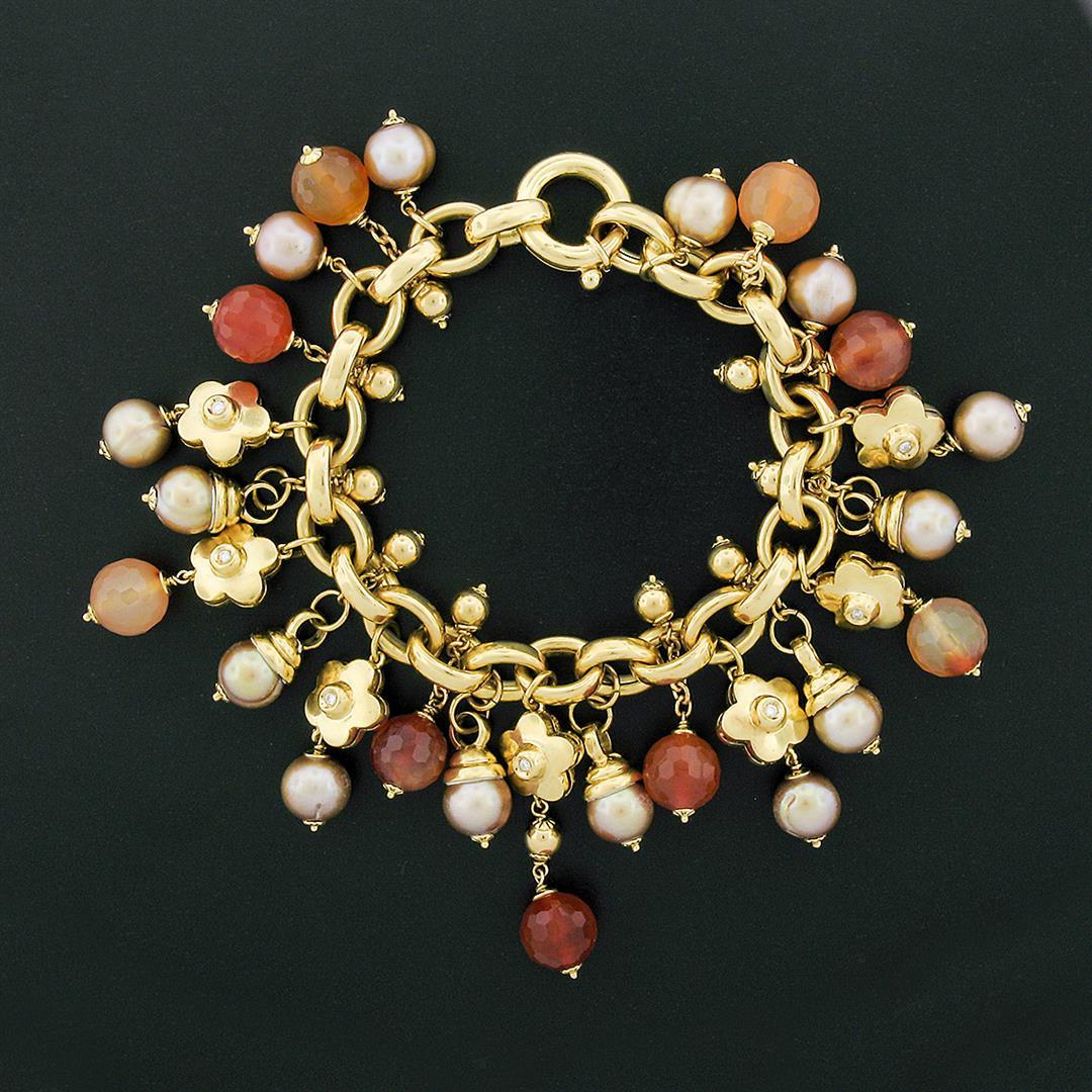 Bonato 18k Gold Diamond Flower Pearl Orange Quartz Beaded Dangle Charm Bracelet