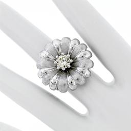 Vintage 18K White Gold .78 ctw Round Brilliant Diamond Large Cocktail Flower Rin