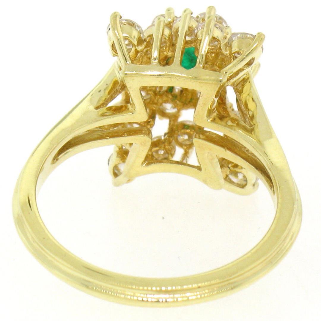 Estate 18k Yellow Gold 1.78 ctw Oval Emerald & Round Diamond Pyramid Cluster Rin