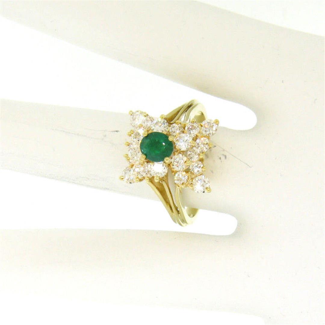 Estate 18k Yellow Gold 1.78 ctw Oval Emerald & Round Diamond Pyramid Cluster Rin