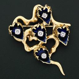 Vintage 18k Gold Dark Blue Enamel & 0.53 ctw Diamond Cup Flower Brooch Pin Penda