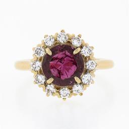 Vintage 18k Gold 2 ctw GIA Burma No Heat Round Ruby Diamond Halo Cluster Ring