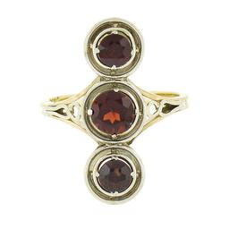 Antique 14k TT Gold Round Garnet Vertical 3 Station Concentric Wire Work Ring