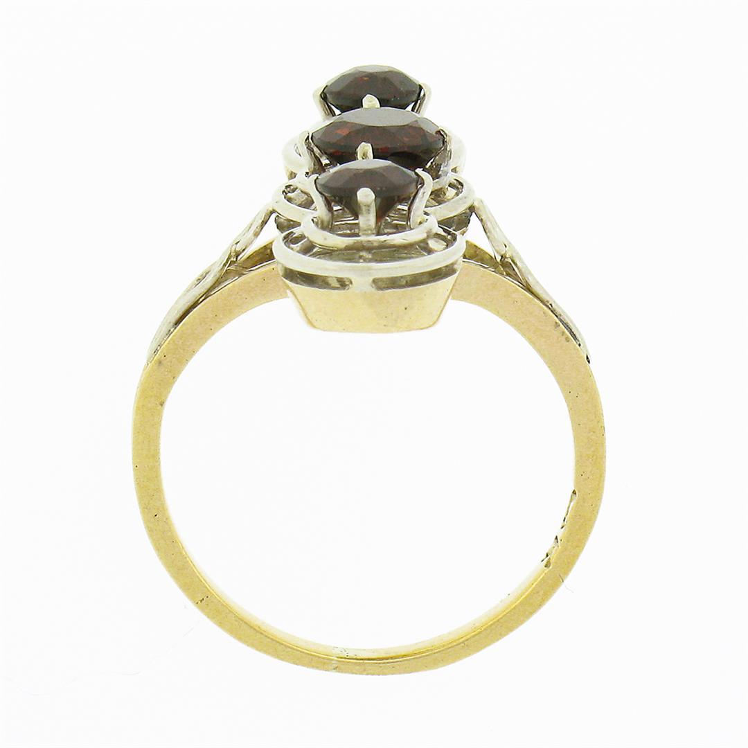 Antique 14k TT Gold Round Garnet Vertical 3 Station Concentric Wire Work Ring