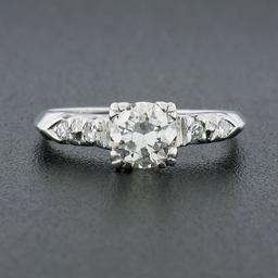 Vintage 14K White Gold.73 ctw Transitional Cut Diamond Engagement Ring w/ Accent