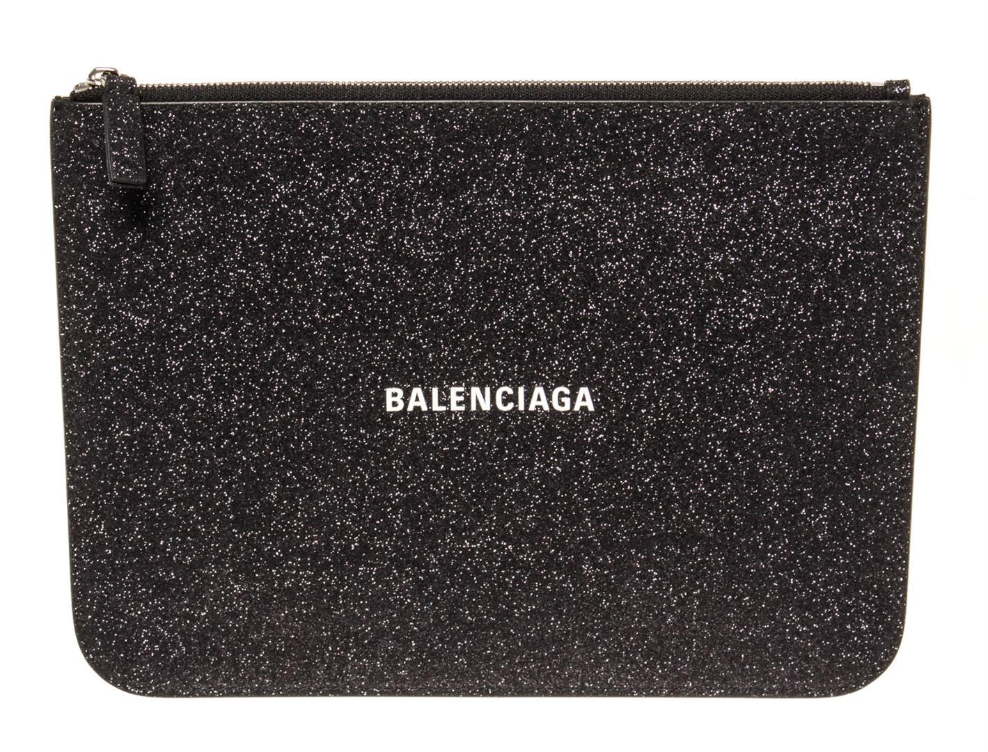 Balenciaga Black Glitter Leather Logo-Print Zipped Clutch