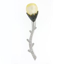 18k White Gold South Sea Pearl w/ 2.48 ctw White & Black Diamond Flower Brooch P