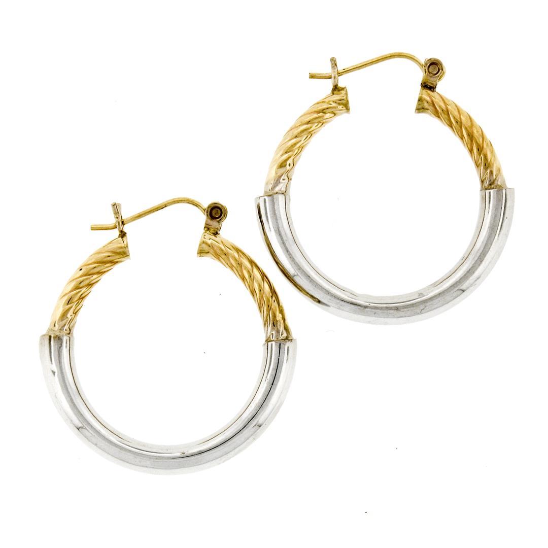 New 14K Yellow & White Gold Plain Puffed Polished Hoop Earrings w/ Twisted Top