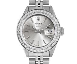 Rolex Ladies Stainless Steel Silver Index Diamond Bezel Date Wristwatch With Rol