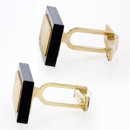 14K Yellow Gold Rectangular Cut Black Onyx Florentine Finish Swivel Cuff Links