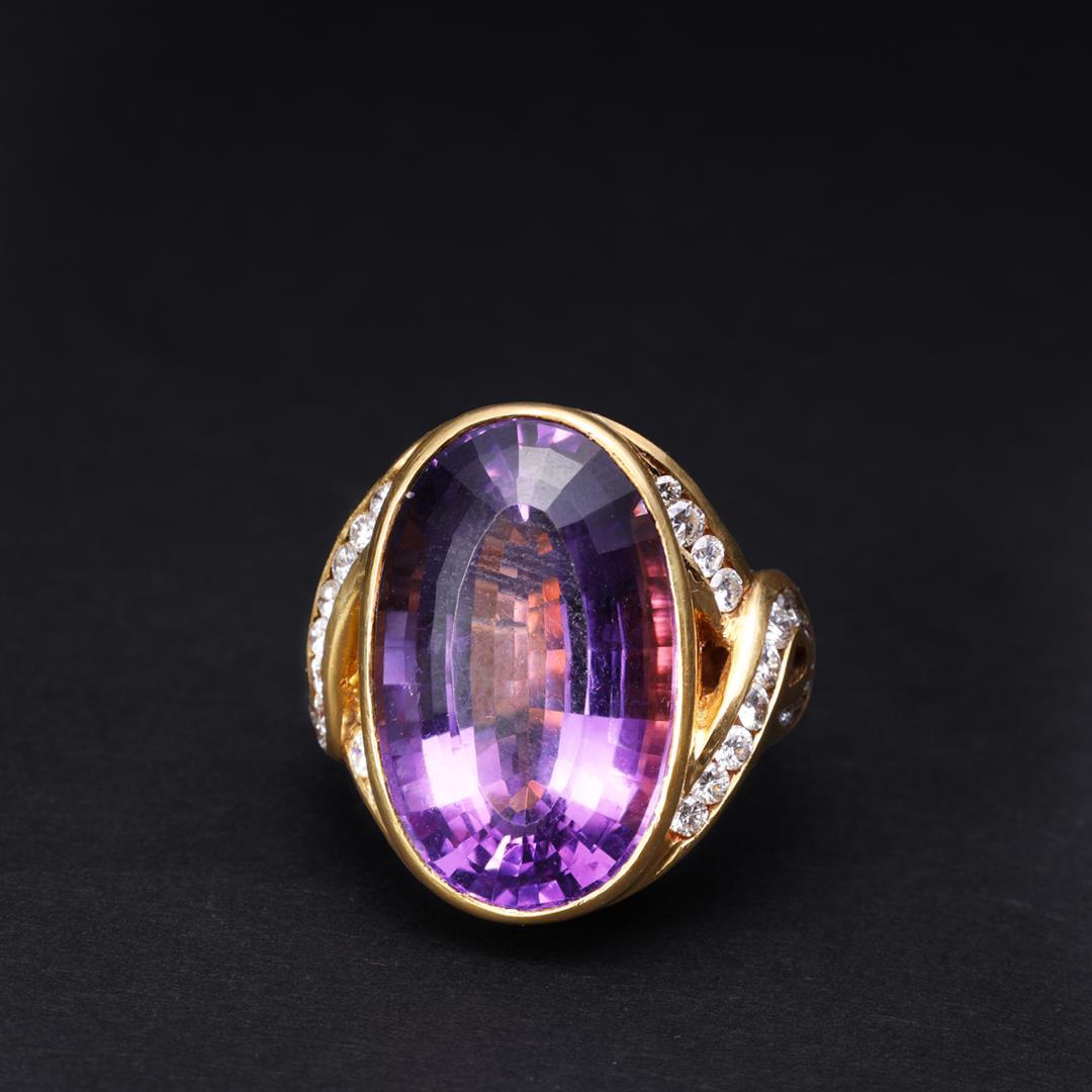 Large and Elaborate 18K Yellow Gold Amethyst & Diamond Cocktail Ring