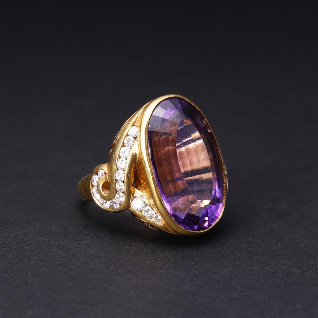 Large and Elaborate 18K Yellow Gold Amethyst & Diamond Cocktail Ring