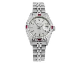 Rolex Ladies Stainless Steel Quickset Silver Index Dial Diamond And Ruby Bezel D