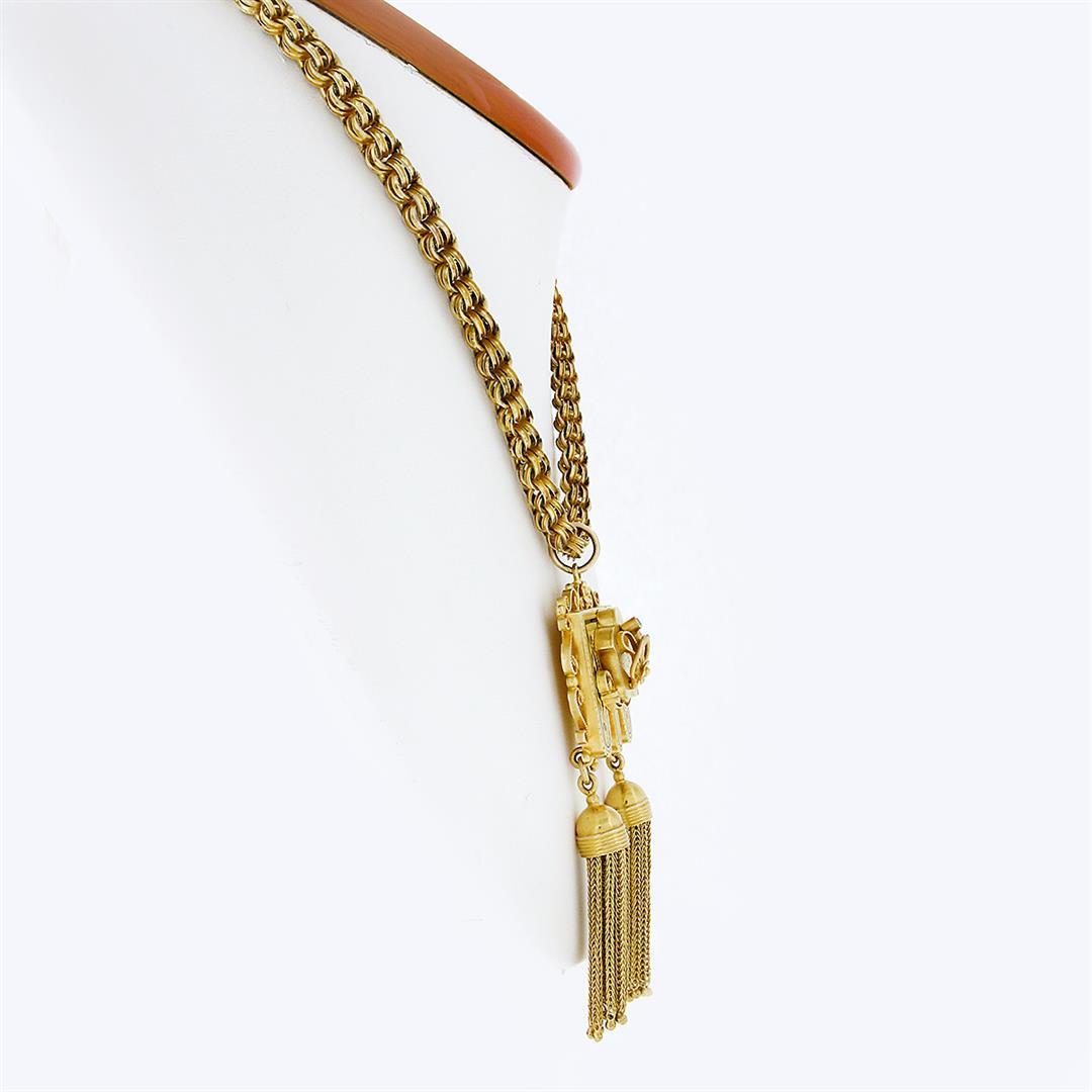 Vintage Victorian Revival 14K Gold Hand Engraved Diamond Tassel Pendant Necklace