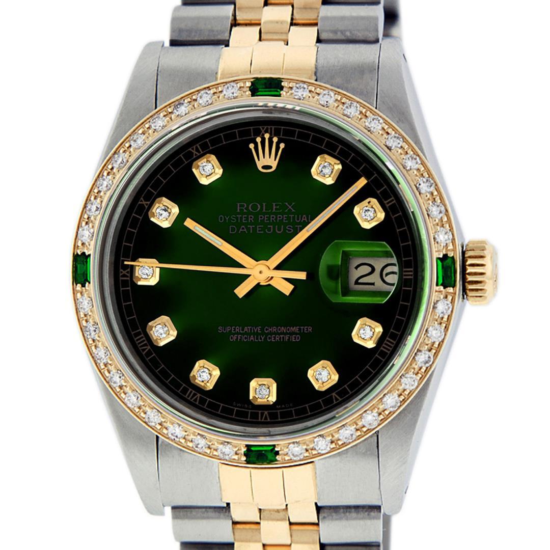 Rolex Mens 2 Tone Green Vignette Diamond Datejust Wristwatch 36MM