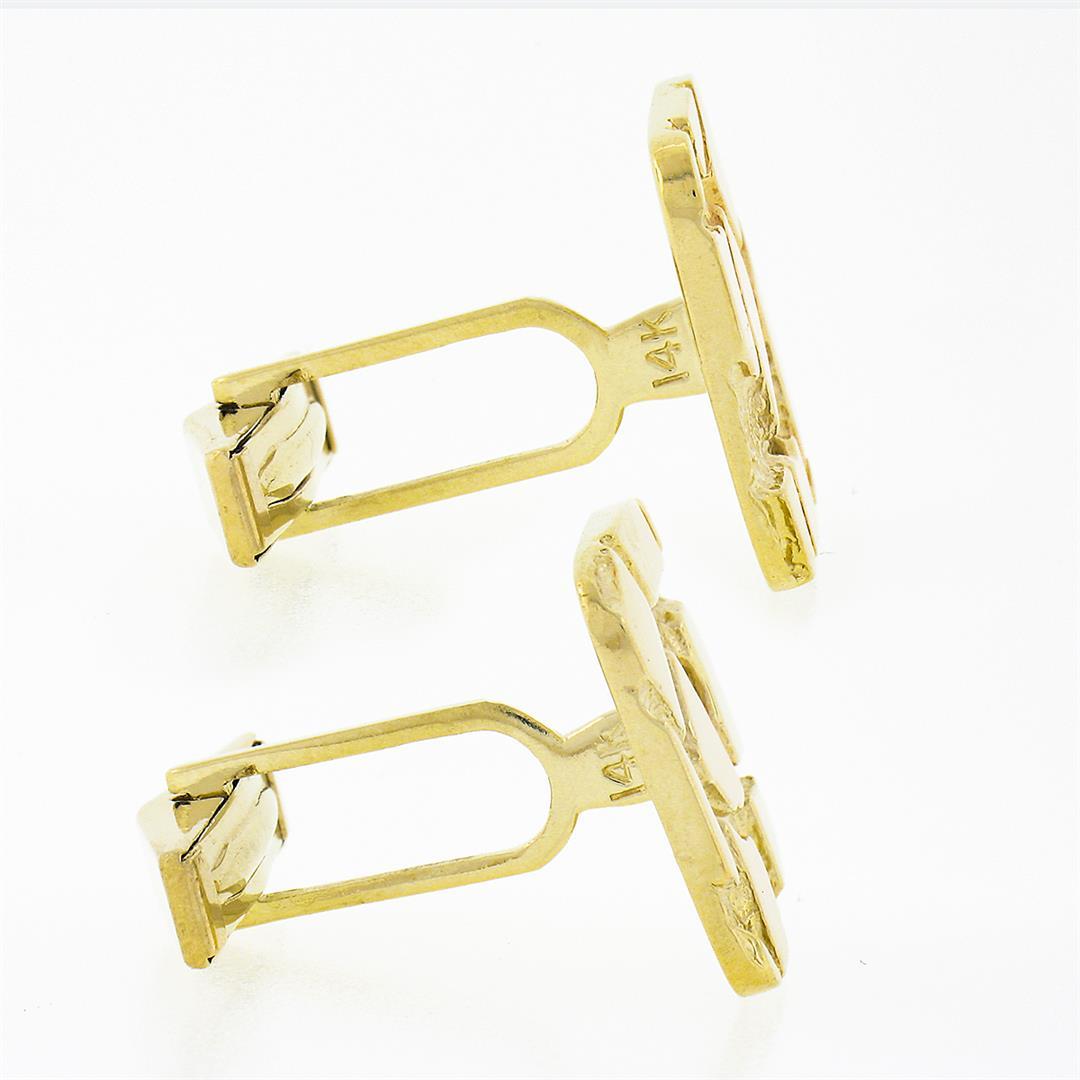 Mens Solid 14k Yellow Gold Nugget Textured & Polished Crackled Square Cuff Links